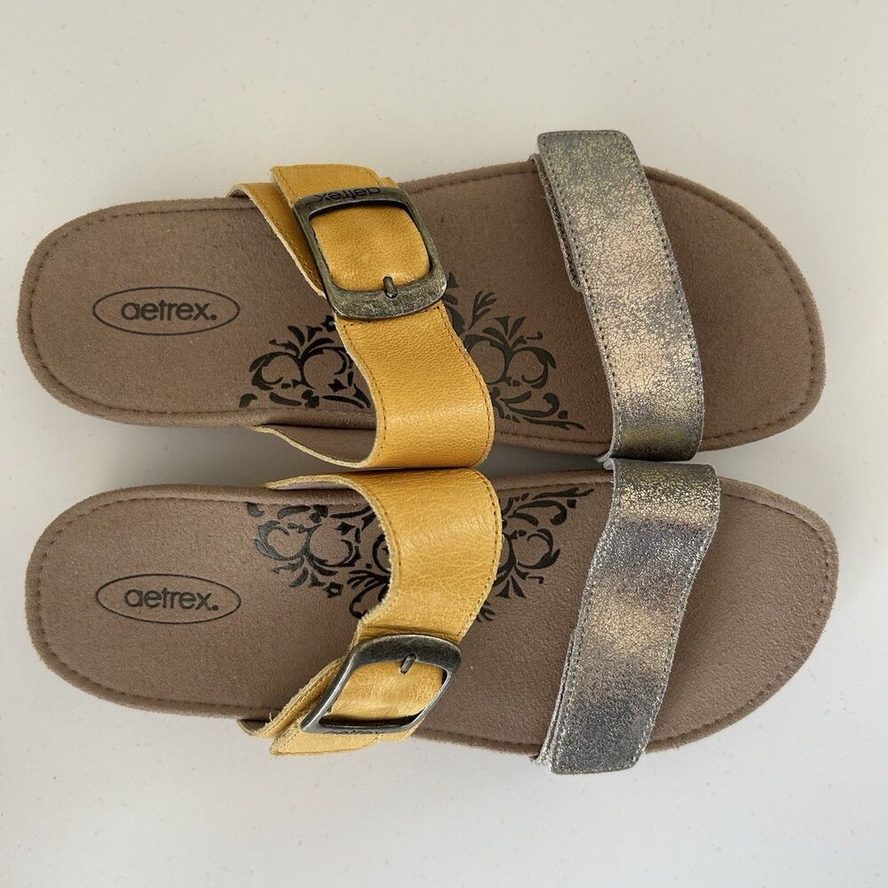 Aetrex Daisy Sandals Women Sz 8.5 Yellow Gold Leather Comfort Arch Slide Slip On - Picture 4 of 11